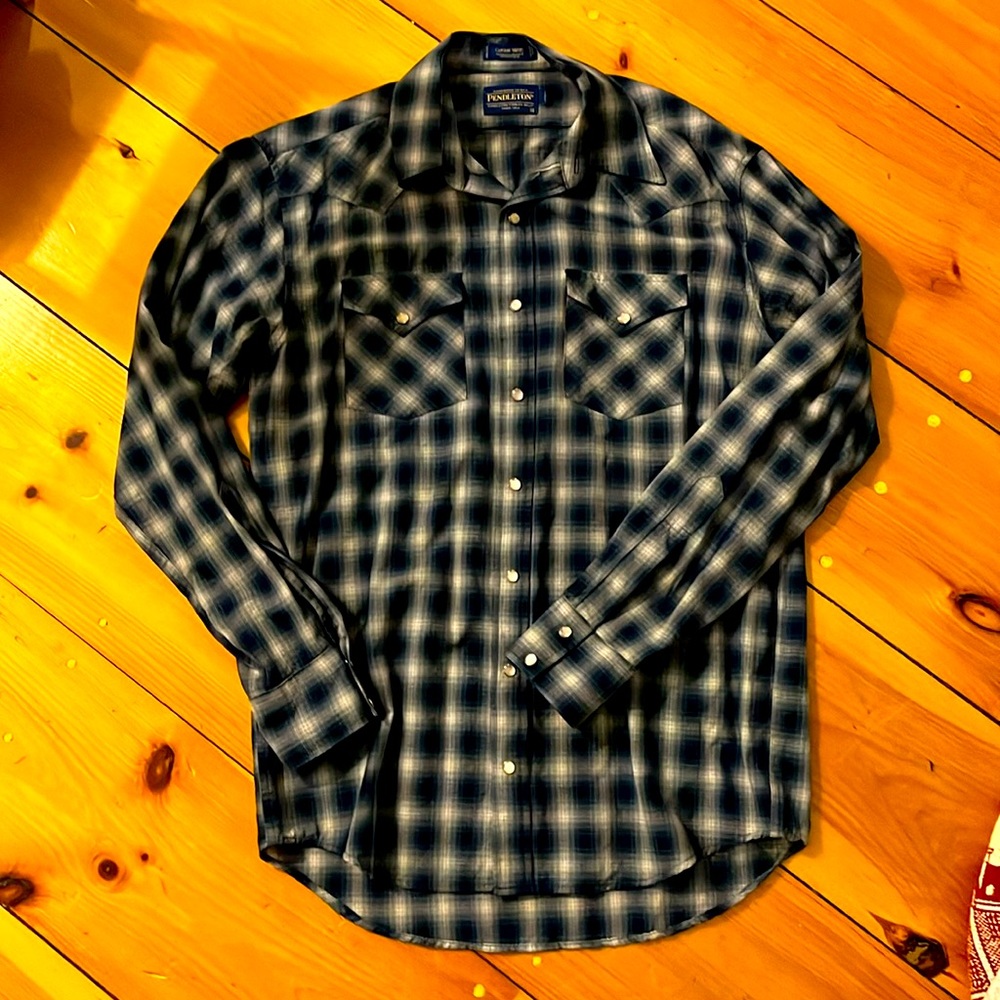 Pendleton Canyon Shirt 100% Wool Medium Tall Blue/White Plaid